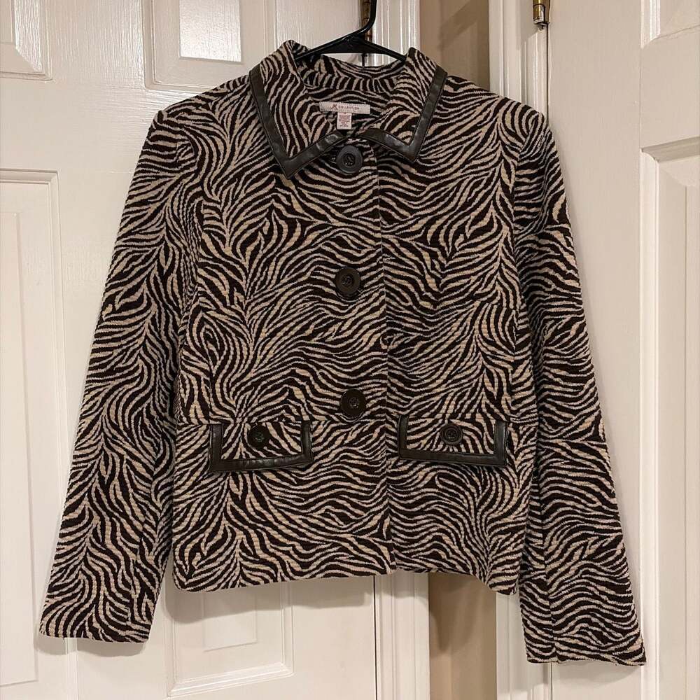JM Collection Women's Brown Zebra Print Jacket with Faux Leather Trim Size M